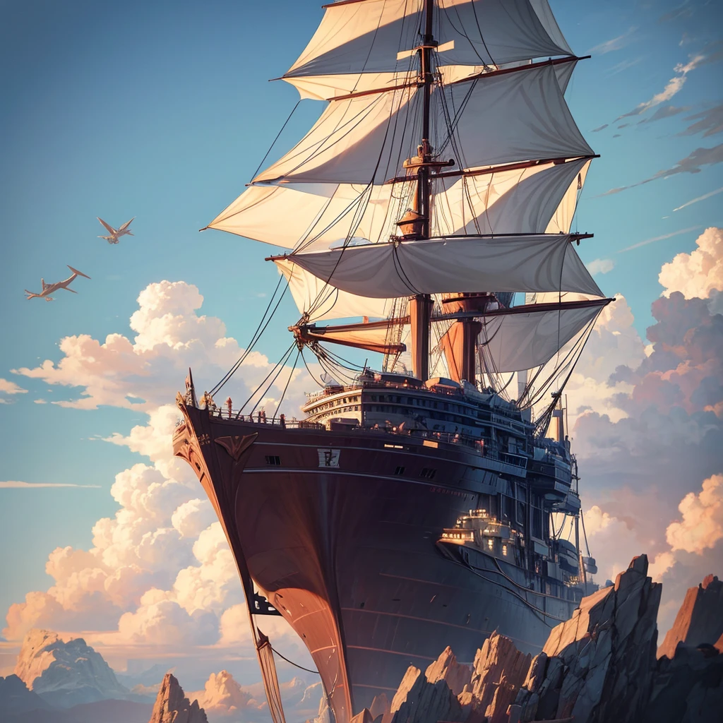 A large ship has wings on the right and left sides of the ship body like dragon wings, the ship floats high in the sky like floating on very thick clouds, with large and small sails in the middle, the dragons escort the ship in the sky cinematic photography professional