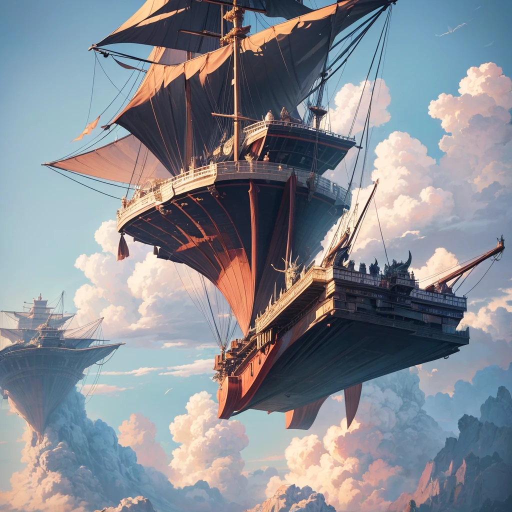 A large ship has wings on the right and left sides of the ship body like dragon wings, the ship floats high in the sky like floating on very thick clouds, with large and small sails in the middle, the dragons escort the ship in the sky cinematic photography professional