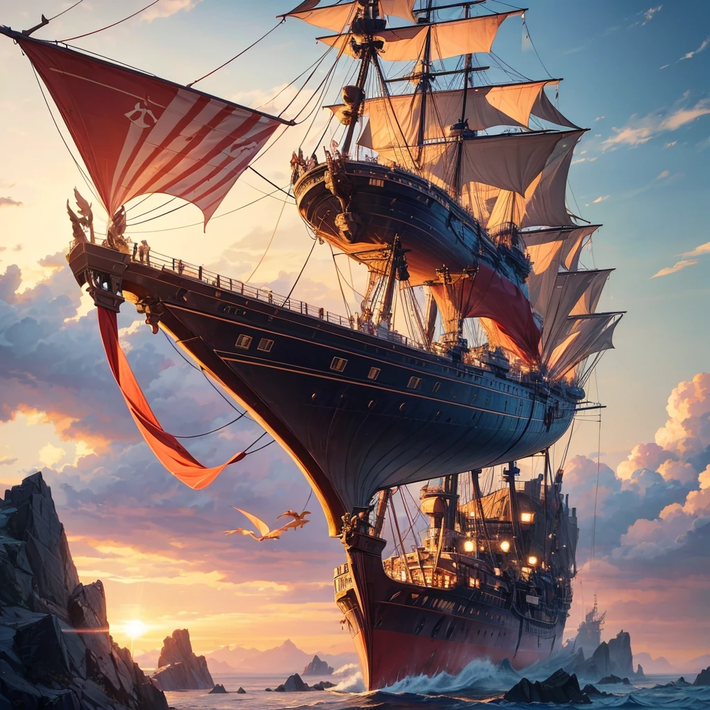 A large ship has wings on the right and left sides of the ship body like dragon wings, the ship floats high in the sky like floating on very thick clouds, with large and small sails in the middle, the dragons escort the ship in the sky cinematic photography professional
