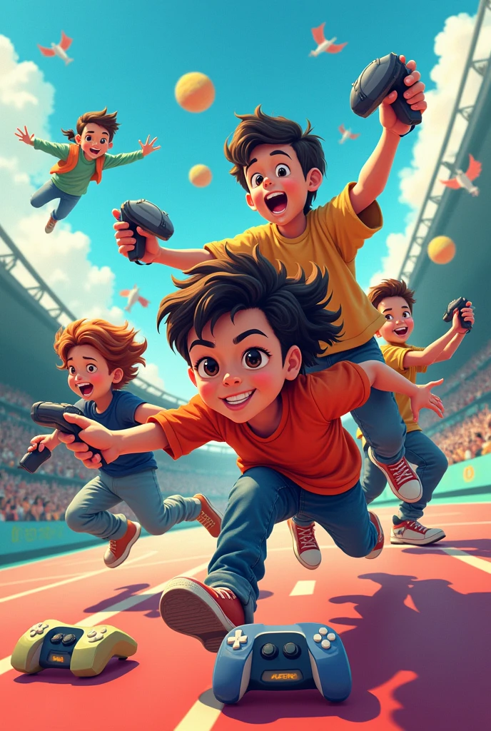 Youths doing games, sports, e-sports, in caricature