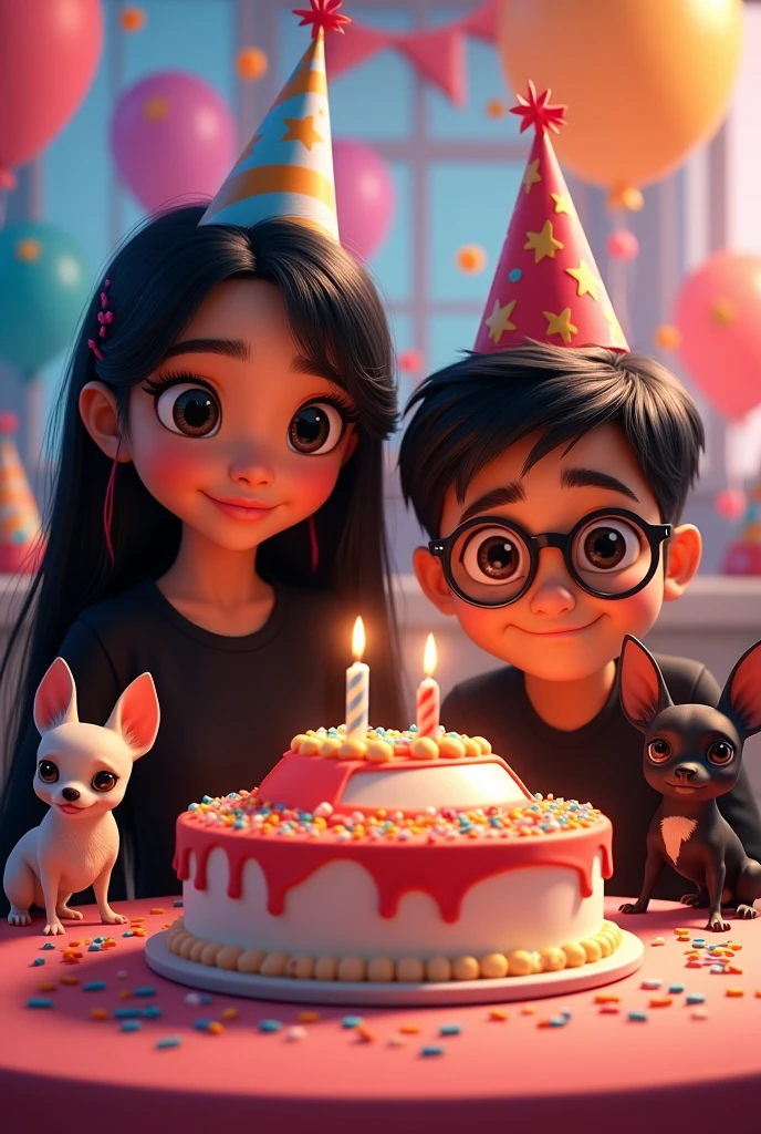 Pixar-style poster of a girl with black eyes, Long hair, straight, and black color with pink hair inside and the clothes are completely black, y con un chico con el cabello straight, black color but with some highlights (tips) Super light blondes with semi-circular glasses and their clothes refer to soccer, They have 2 chihuahuas, A chubby creamy one and a skinny black one at his birthday party, May everyone have a birthday hat, and there is a super cute cake of cars