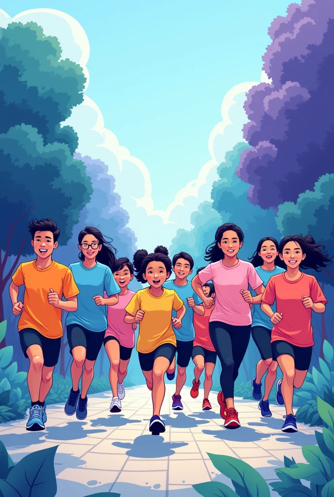 Create an illustration of people running for an event. Title of the backdrop is ‘mental health run’. Main colors are blue and purple. Save the middle space for logo. Asian people in the illustration. Make it a bit more cartoonish. Change the color of the shirt to more colorful.
Do not include the logo. The scenery change to abstracts