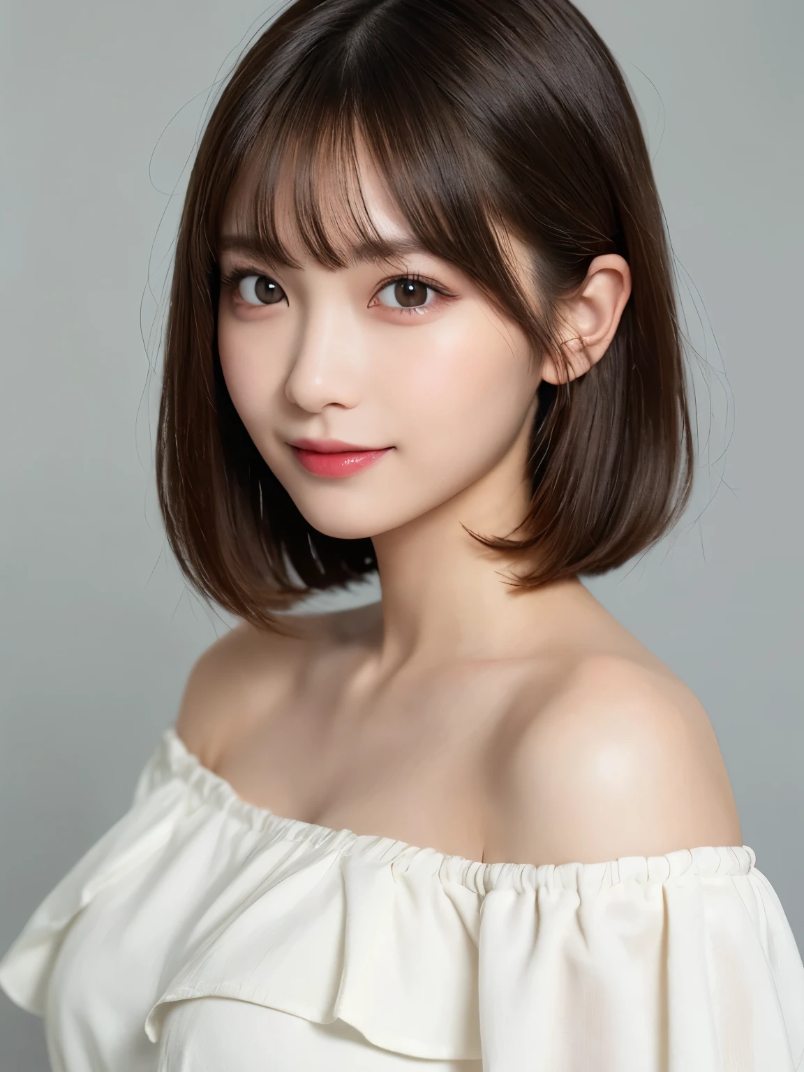 white background, full body portrait, looks very happy, smile, one girl, (a beauty girl, delicate girl:1.3), (20 years old:1.3), (white off shoulder dress), very fine eyes, (symmetrical eyes:1.3), C cup breasts, brown eyes, parted bangs, short hair, (eyes and faces with detailed:1.0), (masterpiece, best quality, ultra detailed, detailed face, 8k)