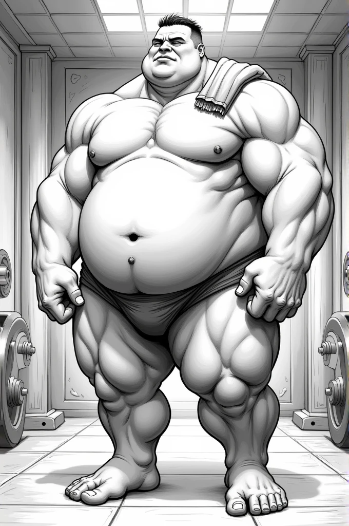 axel cosmas , solo, towel on shoulder,black shorts plump, huge, gym background, nipples, big fat full belly, big ass, eyes shut, standing, 5 fingers, musclegut body, lineart, normal eyes, wet body, macro body, massive body, huge pecs, very wide, huge buldge