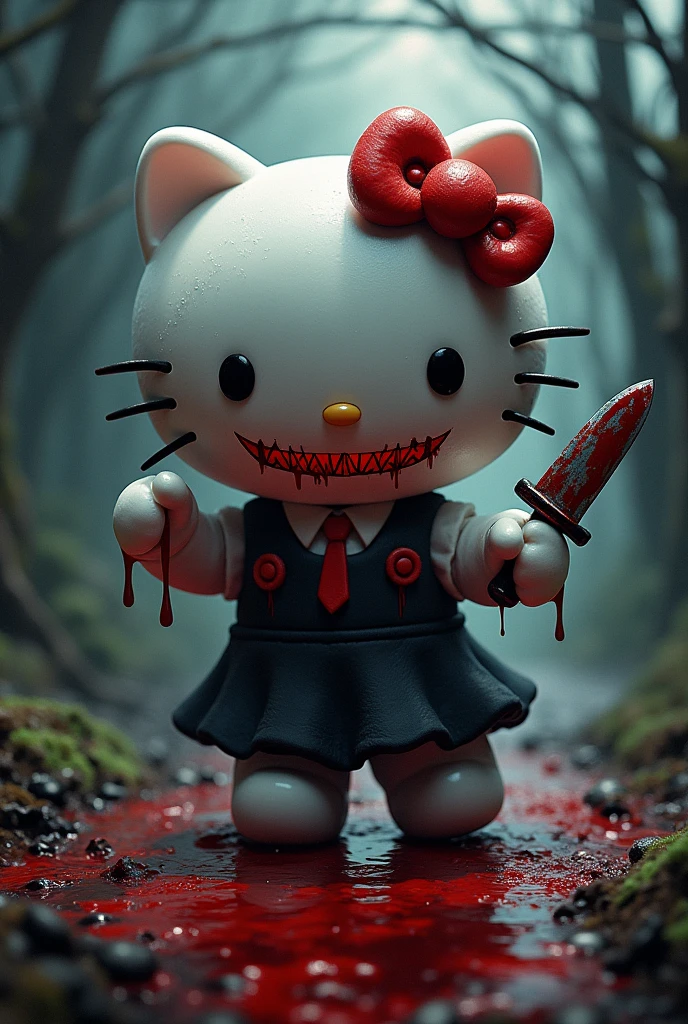 Create a domain expansion: hello kitty island. The details should be horror theme, hello kitty holding a knife with blood