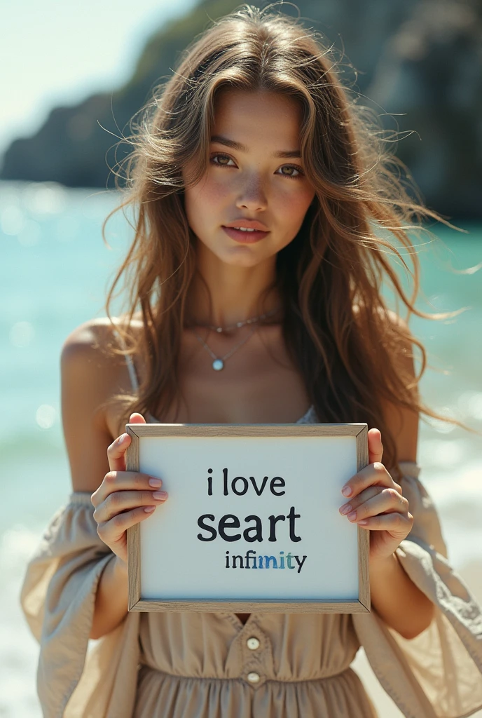 Beautiful girl with wavy long hair, bohemian dress, holding a white board with text "I Love Seaart Infinity" and showing it to the viewer