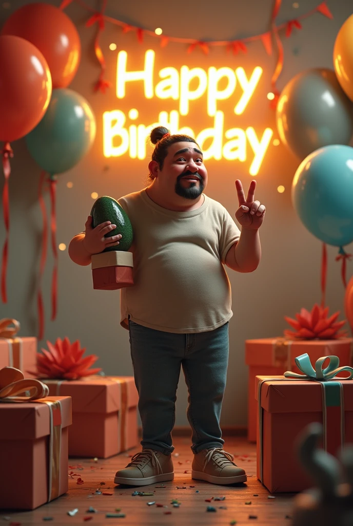 Realistic image of a birthday . There are balloons of various colors floating and taped to the walls, as well as streamers and confetti scattered on the floor. A lighted sign with the letters "HAPPY BIRTHDAY           JOHNNY HARO" hangs on the wall. In the center of the room is an armchair with an adult Caucasian man with long black dark hair in a low ponytail, a very broad forehead and a hairless oval face with a large nose, holding a dinosaur egge in one hand and making a peace sign with the other. The man is dressed casually and is surrounded by gift boxes.