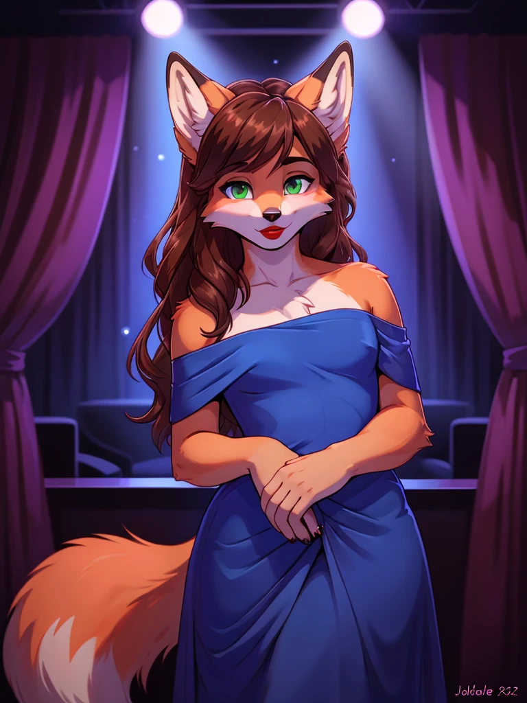 Best quality, furry male fox with green eyes, with brown long hair, with black spout, with red lipstick on lips, big lips, in a blue dress, crossdressing, shy, off-the-shoulder dress, flirts, sexy pose, portrait, against the backdrop of an empty nightclub