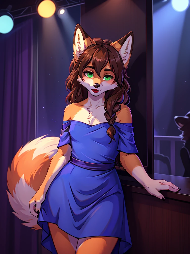 Best quality, furry male fox with green eyes, with brown long hair, with black spout, with red lipstick on lips, big lips, in a blue dress, crossdressing, shy, off-the-shoulder dress, flirts, sexy pose, portrait, against the backdrop of an empty nightclub