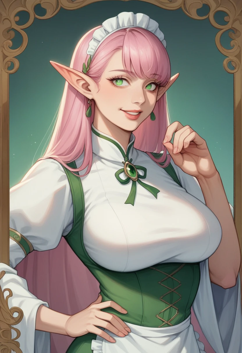 (art: 1.2), (Highest quality: 1.2) 1 female, Elf Woman, European Elf Maid, mature, expensive (1.85), He looked about 30 years old, Long and white、She had mostly pink hair., Shiny cherry hair with straight bangs, The most beautiful emerald green eyes, Ultra-realistic eyes, Very fine eye, Eyes that are well proportionate to the face, Very fine grain, Perfect Eyes, Extremely realistic eyes, Well-aligned eyes, Thin chin, Ultra feminine chin-length eyelashes , Anime Style, Elf Ears, Ears that are in proportion to the face, Highly detailed ears, Perfect ears, Perfect Face, A face that looks like a 20 year old, A kind and compassionate look, Fuller lips, Smile like a mother, mature, Fair skin, Slender body, Natural Body, Sexy Body, mature body, Place one hand on either side of your hip, Perfect hands, Fine hand, Hands that are in proportion to the body, Realistic hands, Anatomically slim arms, She was wearing a European maid outfit.、Her size still couldn&#39;t hide her enormous, sagging breasts.。, tight black dress, White apron, Narrow waist, Thick thighs and wide hips, Looking at the audience, Deep inside a Victorian wooden house, Posing with one&#39;s back to the presentation, alone, Looking at the audience