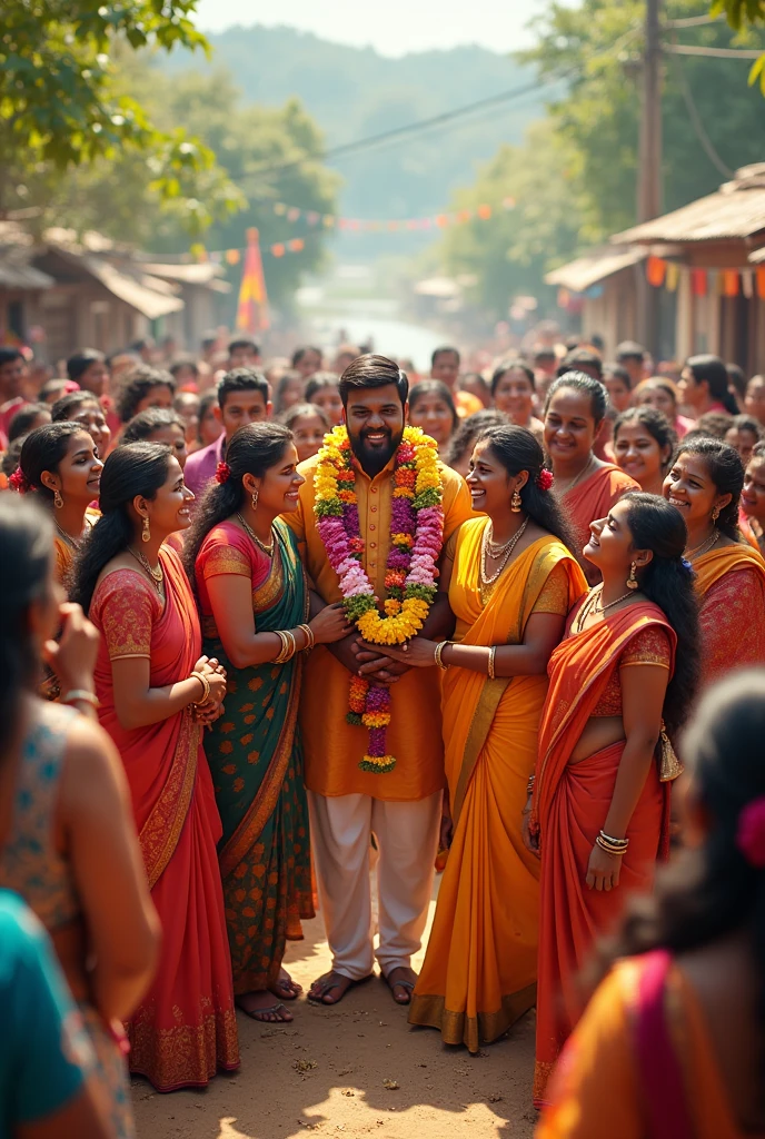 Village Celebrating Ramu: The villagers gather around Ramu and his family, celebrating their honesty and newfound fortune with garlands, music, and dance.