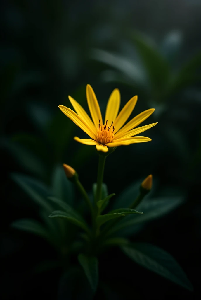 single yellow flower with delicate petals stands out against a dark background of green leaves and stems. The flower has a star-like shape, with multiple slender petals radiating from a central core. Soft natural lighting highlights the vibrant yellow hues, while the surrounding foliage is muted, creating a striking contrast