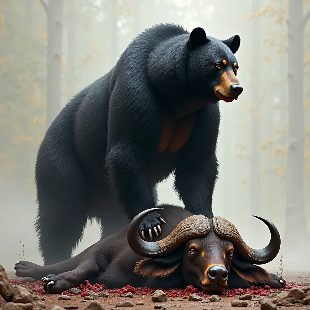 Black bear standing on a dead buffalo