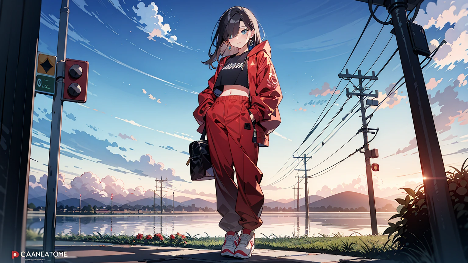 (best quality), ((masterpiece)), (highres), illustration, original, extremely detailed, 1girl, headphones, solo, Electric guitar Amplifile Guitar, sky background, midriff, pants, blue eyes, hair over one eye, simple background, shoes, black hair, long hair, hood, full body, red jacket, looking at viewer, hoodie, sneakers, hoop earrings, crop top, red pants, standing, jacket, baggy pants, there is a train crossing on the tracks near the ocean, traffic light, beautiful anime scene, ( ( makoto shinkai ) ), anime landscape, beautiful anime scenery, anime movie background, makoto shinkai. —h 2160, makoto shinkai cyril rolando, anime beautiful peace scene, anime background art, anime scenery, anime background, colorful anime movie background
