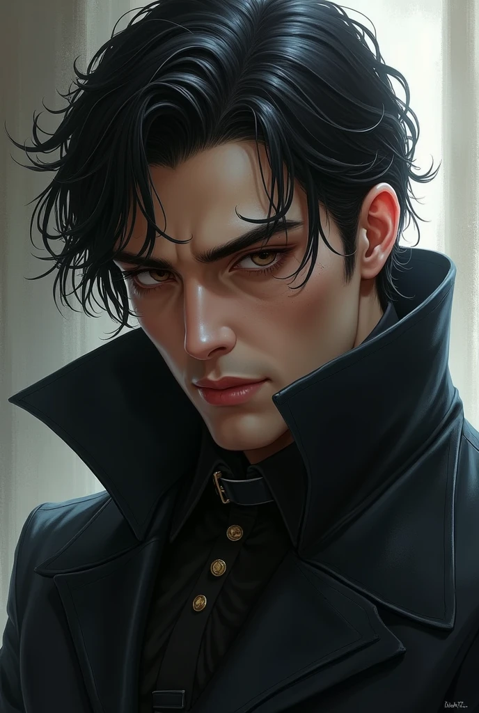 A character from my book. He has deep brown eyes, straight handsome face with a faded scar on his right eyebrow which can't be noticed much, straight nose, thin upper lip and mid-full lower lip, naturally pink. He has high cheekbones, raven black hair and muscular built. He's an assassin