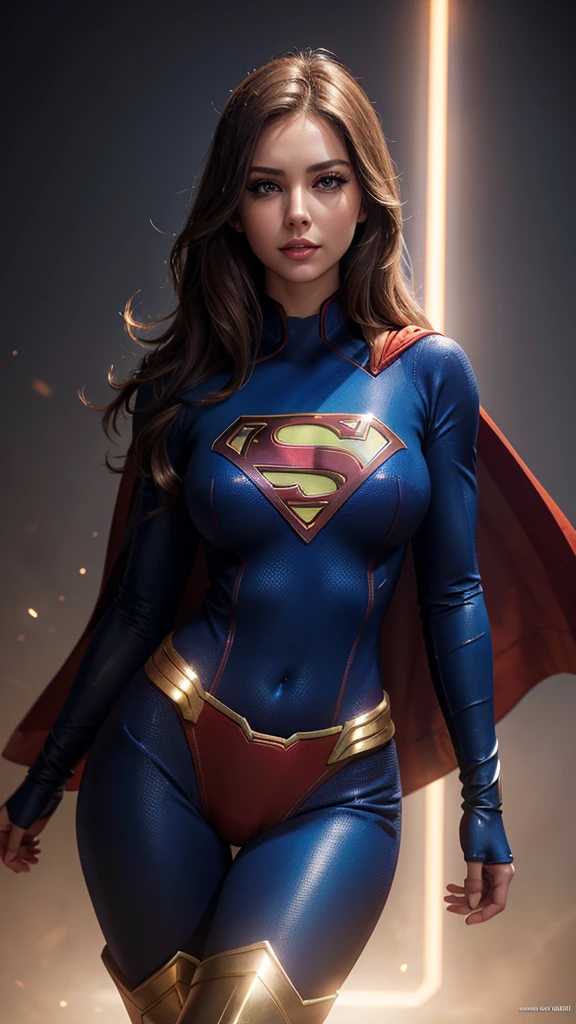 a sexy supergirl, detailed face, beautiful eyes, long eyelashes, full lips, flawless skin, large breasts, slim waist, curvy hips, tight bodysuit, thigh high boots, dynamic pose, glowing energy aura, cinematic lighting, vibrant colors, photorealistic, intricate details, 8k, high quality