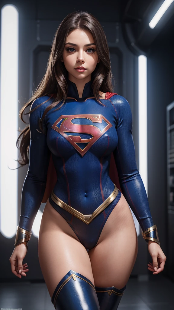a sexy supergirl, detailed face, beautiful eyes, long eyelashes, full lips, flawless skin, large breasts, slim waist, curvy hips, tight bodysuit, thigh high boots, dynamic pose, glowing energy aura, cinematic lighting, vibrant colors, photorealistic, intricate details, 8k, high quality