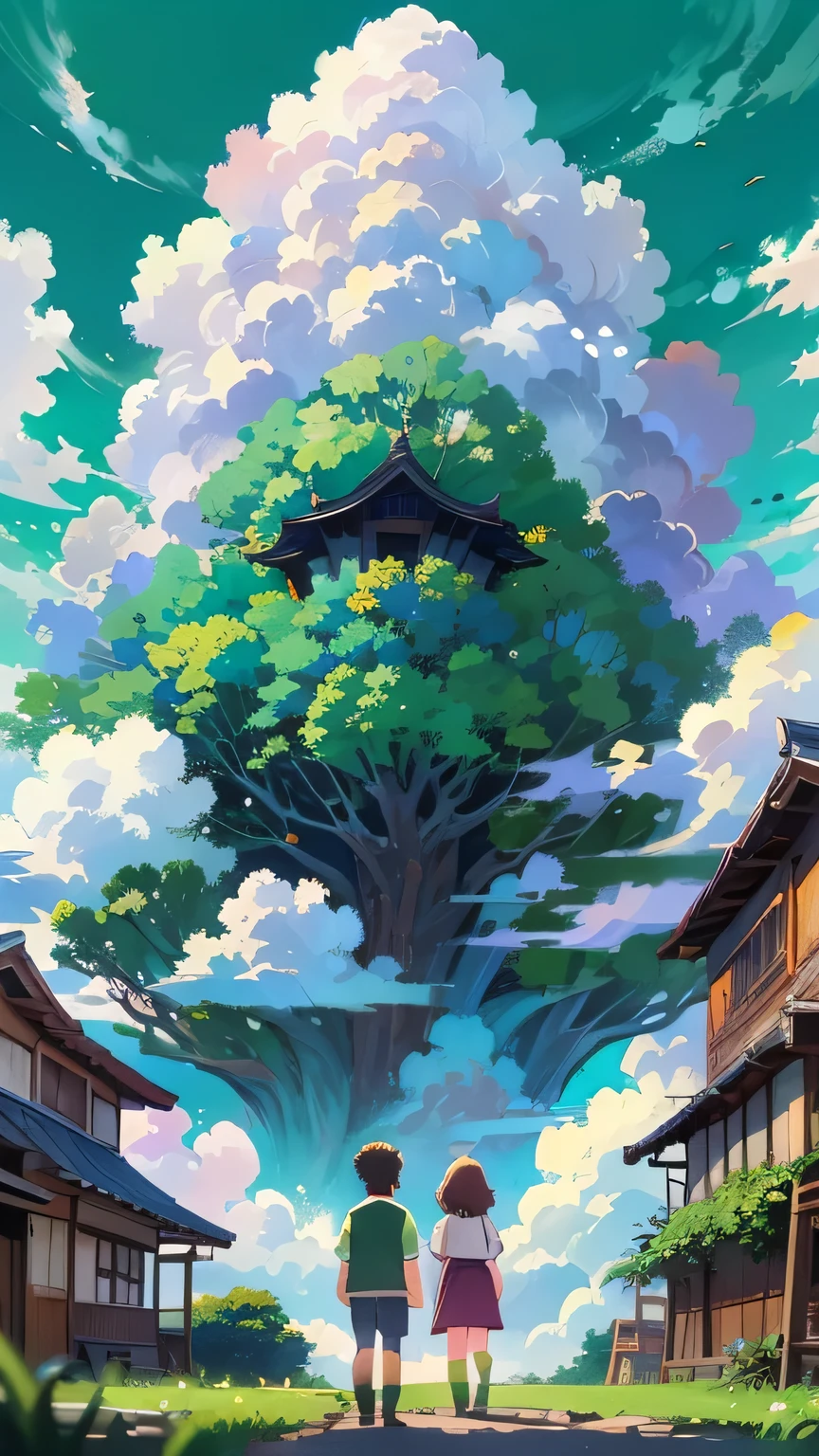 (Highest quality, 4K, 8k, High resolution, masterpiece:1.2), Very detailed, (アニメ: 1.2), アニメ scene of a man and a woman standing in front of a giant cloud monster, 宮崎のアニメ映画, Miyazaki Movies, Studio Ghibli and Dan Mumford, Miyazaki Movies, Studio Ghibli & James Gurney, The atmosphere of Ghibli&#39;s Spirited Away, ジブリアニメ映画, by Miyazaki, Studio Ghibli アニメ, Ghibli Movies, tales of earthsea