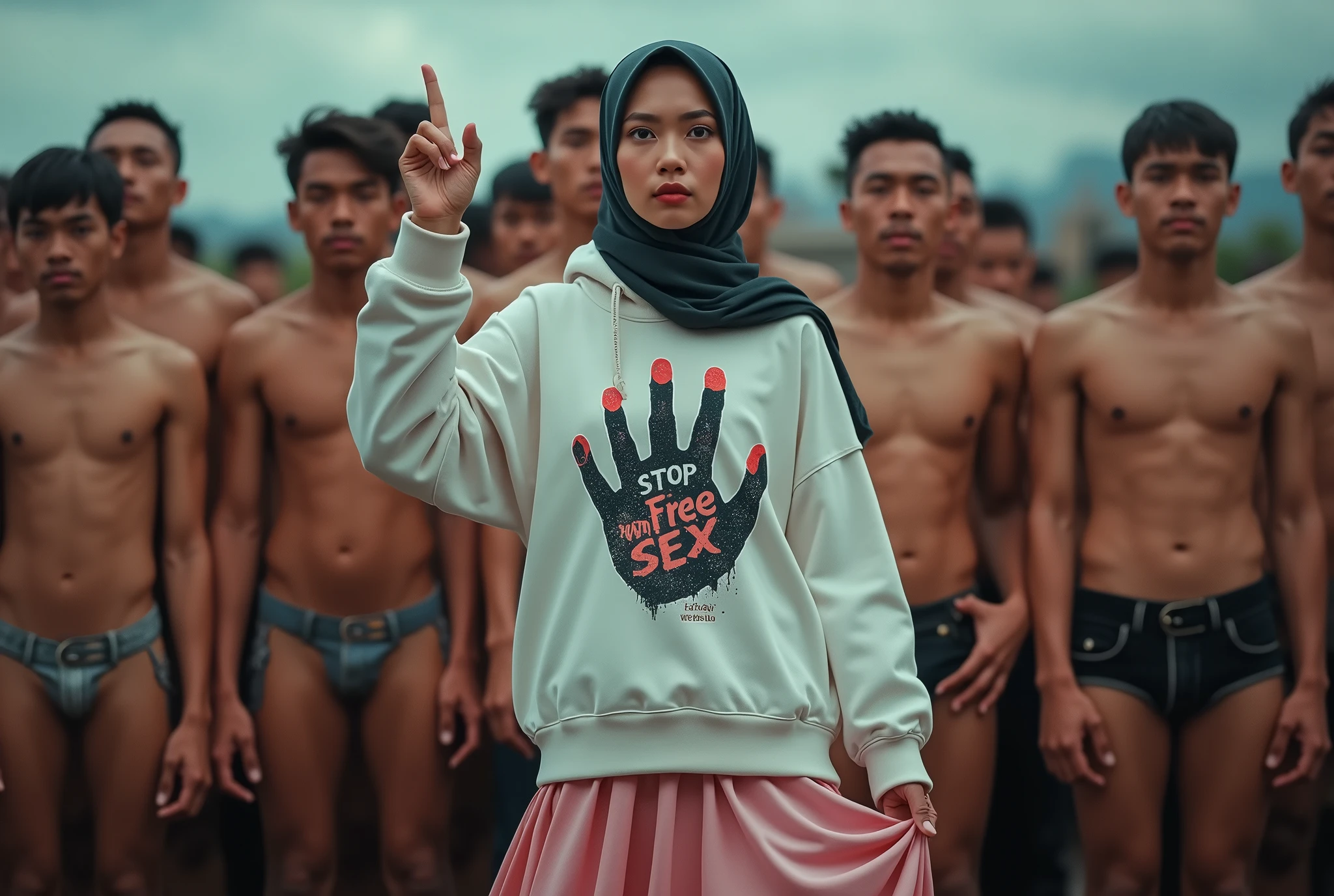 A hijaber indonesian pretty woman, wearing a  hoodie with a strong vector design featuring a silhouetted image of a five-fingered palm in pastel colour with love and light. The phrase "STOP FREE SEX" is displayed in bold simple elegand, distressed typography with pastel colours, while holding her long skirt, wearing hijab, one-handed pose pointing upwards, in a public place, surrounded by many naked men, jav idol, with front shooting angle, very realistic, (complex detail: 0.9), (hdr, hyperdetail: 1.2), RAW, Sony Alpha a9 II, 24-105mm f/4, HDR,