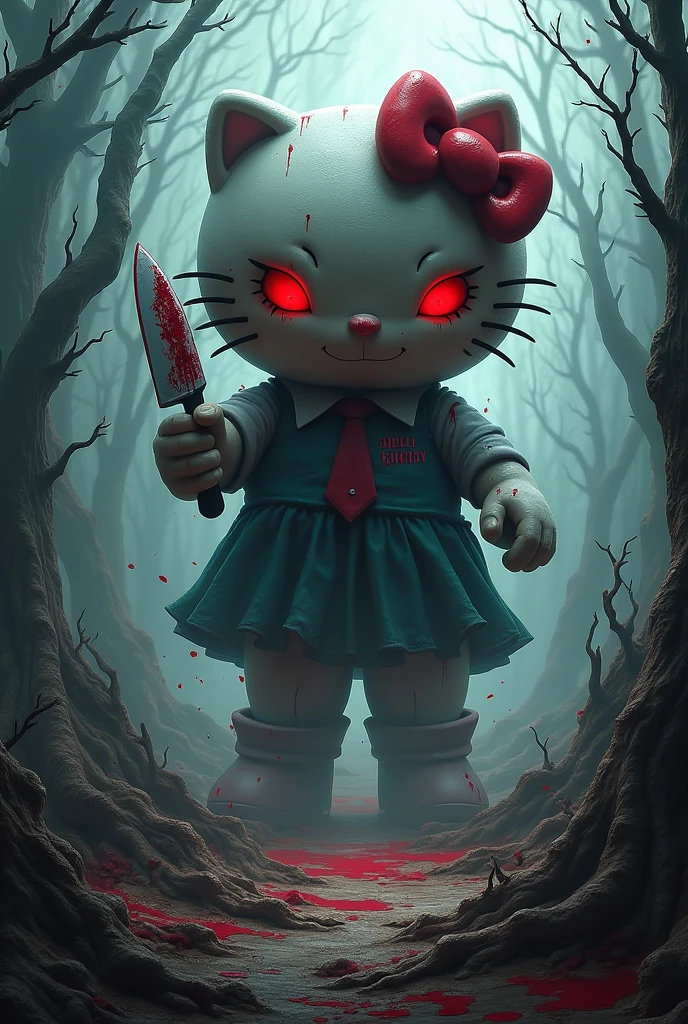 Create a domain expansion: hello kitty island. The details should be horror theme, hello kitty holding a knife with blood. Make it big that hello kitty looks small