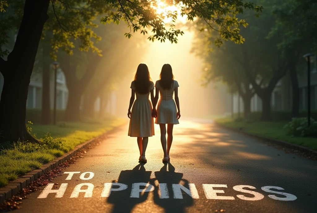 “to happiness” scribbled in chalk on the road, ((masterpiece, highest quality, Highest image quality, High resolution, photorealistic, Raw photo, 8K)), ((Extremely detailed CG unified 8k wallpaper)), The back view of a two woman walking hand in hand, on a tree-lined street with sunlight filtering through the trees, the last scene of a romantic movie, green leaves and white light, a walkway in the morning mist, seen from above,