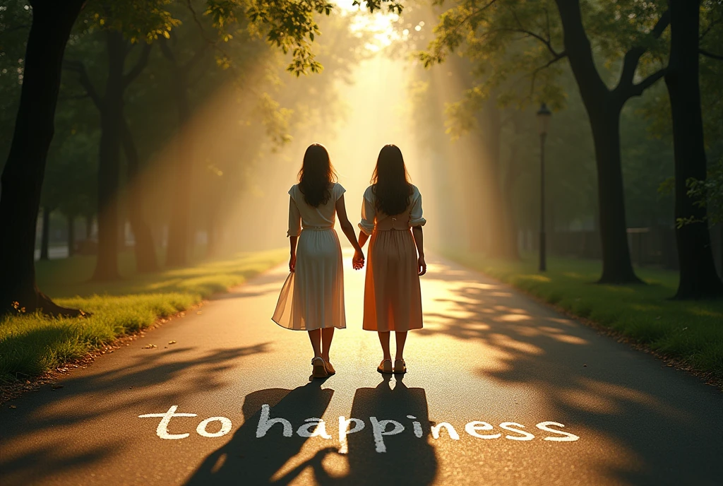 “to happiness” scribbled in chalk on the road, ((masterpiece, highest quality, Highest image quality, High resolution, photorealistic, Raw photo, 8K)), ((Extremely detailed CG unified 8k wallpaper)), The back view of a two woman walking hand in hand, on a tree-lined street with sunlight filtering through the trees, the last scene of a romantic movie, green leaves and white light, a walkway in the morning mist, seen from above,