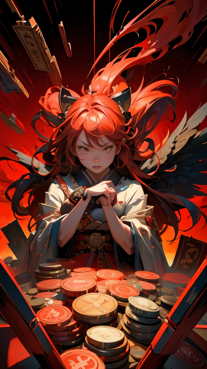 A Japanese girl with a pile of coins, angry 8 k, Bad trader, shocked face, Worried, Shouting, Red color theme, bitcoin evil, 3 d epic illustrations, hyper realistic fantasy bad trader, background artwork of staock exchange, 3 d game art, 3d game art, digital arts, Red theme as facing loss, Girl character design, illustration daily deviation, game art, losing control, greedy