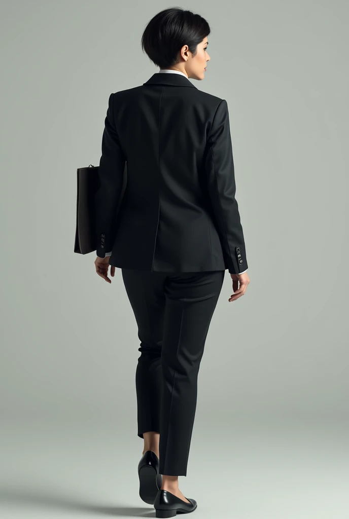 An athletic body type woman with a short black hair in a back view with a executive attire