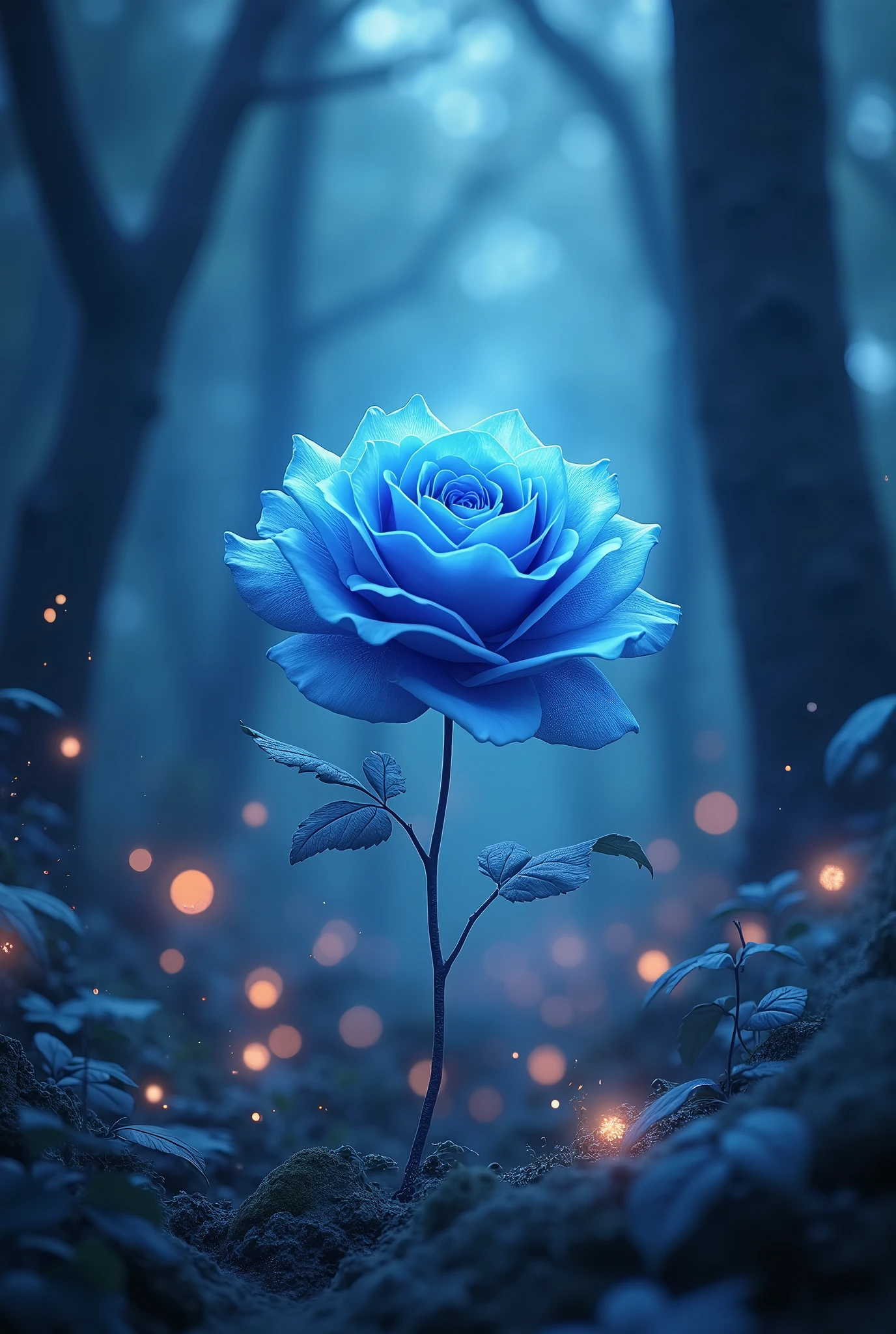 Official Art, unity 8k wallpaper, Super detailed, beautiful, masterpiece, Highest quality, (Realistic:1.2), Luminous Rose Dark Rose Forest High Definition CG Rendering. Rose Lane, A long blue rose floating on the ground, fire Fly, Bright ovule and lava crystal light effect, Blizzard style art trend, Magic light fog, Low light at night