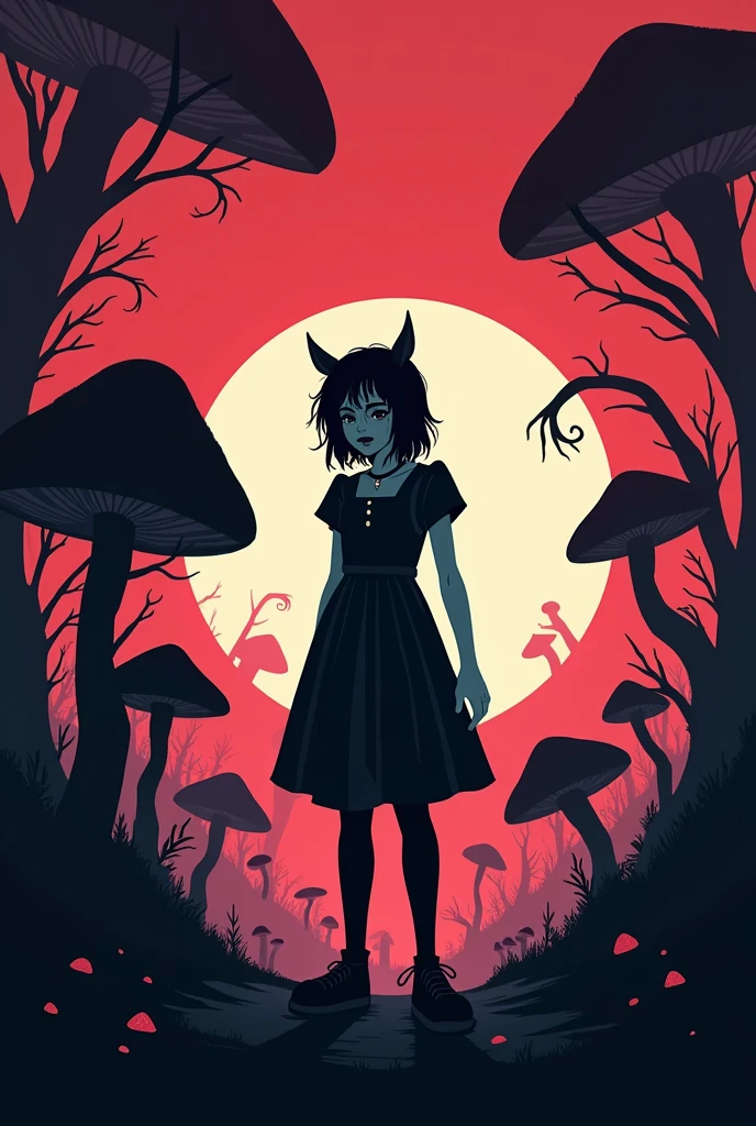 Minimalist silhouette art in the style of Olly Moss, depicting a dark, twisted version of Alice in
Wonderland. Alice is shown as a troubled, almost punk-like figure, with disheveled hair and torn
clothing
elements like oversized mushrooms and twisted trees. The color palette should be dark and moody,
using deep purples, blacks, and blood reds, with sharp contrasts between light and shadow. The
background should hint at a chaotic landscape Wonderland,