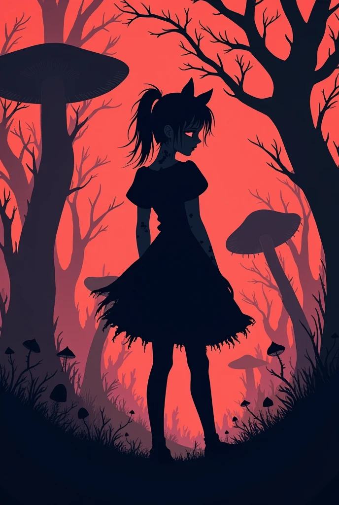 Minimalist silhouette art in the style of Olly Moss, depicting a dark, twisted version of Alice in
Wonderland. Alice is shown as a troubled, almost punk-like figure, with disheveled hair and torn
clothing, holding a bottle labeled *Drink Me with a sinister grin. Surround her with surreal, distorted
elements like oversized mushrooms and twisted trees. The color palette should be dark and moody,
using deep purples, blacks, and blood reds, with sharp contrasts between light and shadow. The
background should hint at a chaotic Wonderland, with a foreboding atmosphere.