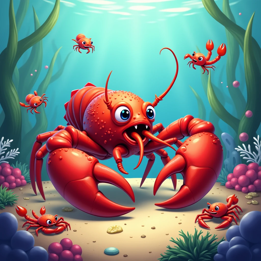 A bright red Boston lobster,Some small seafood around,Baby Octopus,Small crab,Disney cartoon style