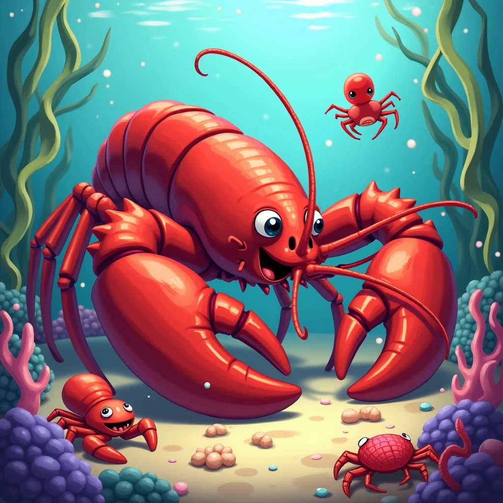 A bright red Boston lobster,Some small seafood around,Baby Octopus,Small crab,Disney cartoon style