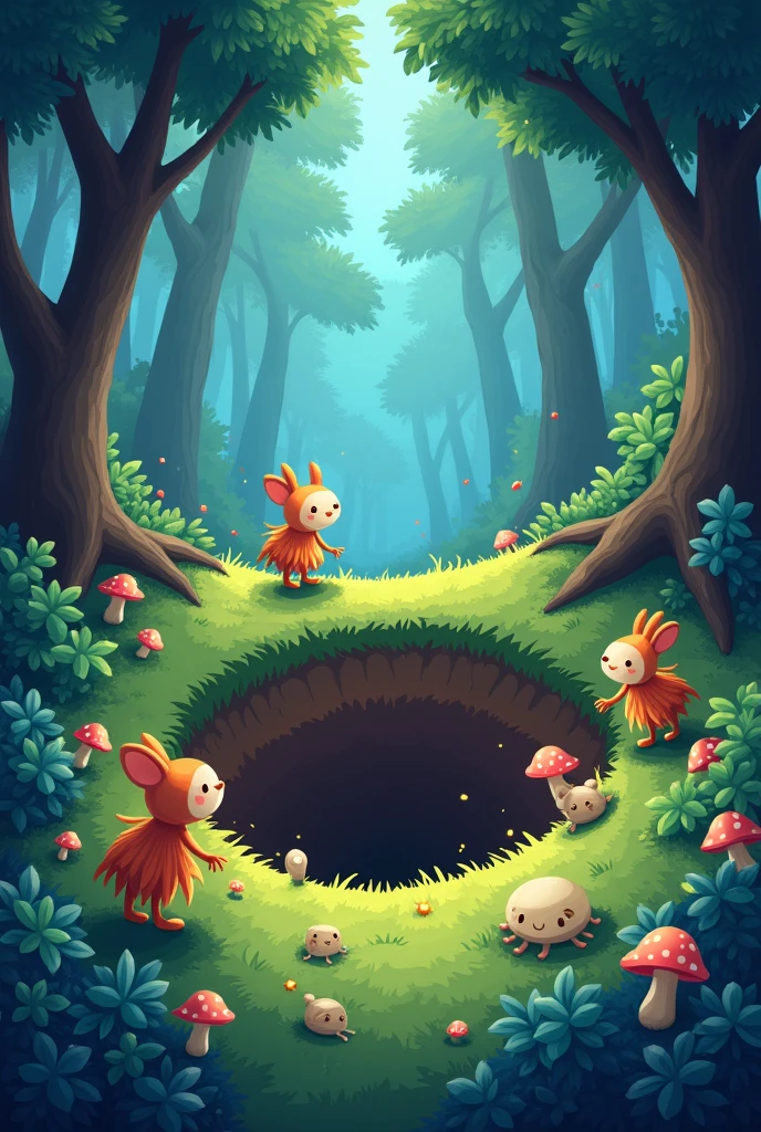 A magical forest with a big hole in the ground, cartoons