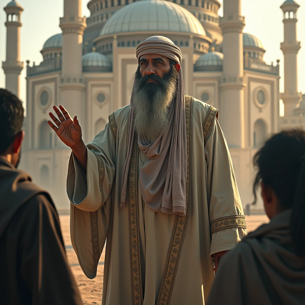 An Allawala man stands in front of a mosque and warns two people