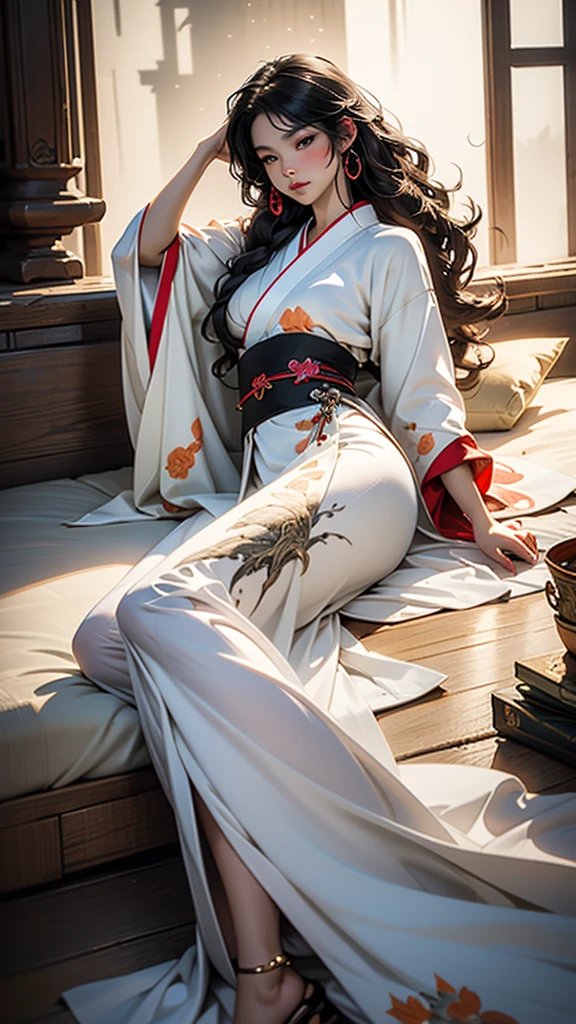 anime girl in a kimono lying on the bed with her head in her hands, a detailed painting by Yang J, trend on pixiv, Fantasy Art, Beautiful character painting, guweiz style artwork, beautiful and seductive anime woman, extremely detailed artistic germ, Hanfu blanco, Realistic anime style loose hair and long robes, beautiful anime woman