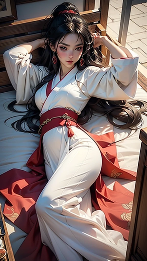 anime girl in a kimono lying on the bed with her head in her hands, a detailed painting by Yang J, trend on pixiv, Fantasy Art, Beautiful character painting, guweiz style artwork, beautiful and seductive anime woman, extremely detailed artistic germ, Hanfu blanco, Realistic anime style loose hair and long robes, beautiful anime woman