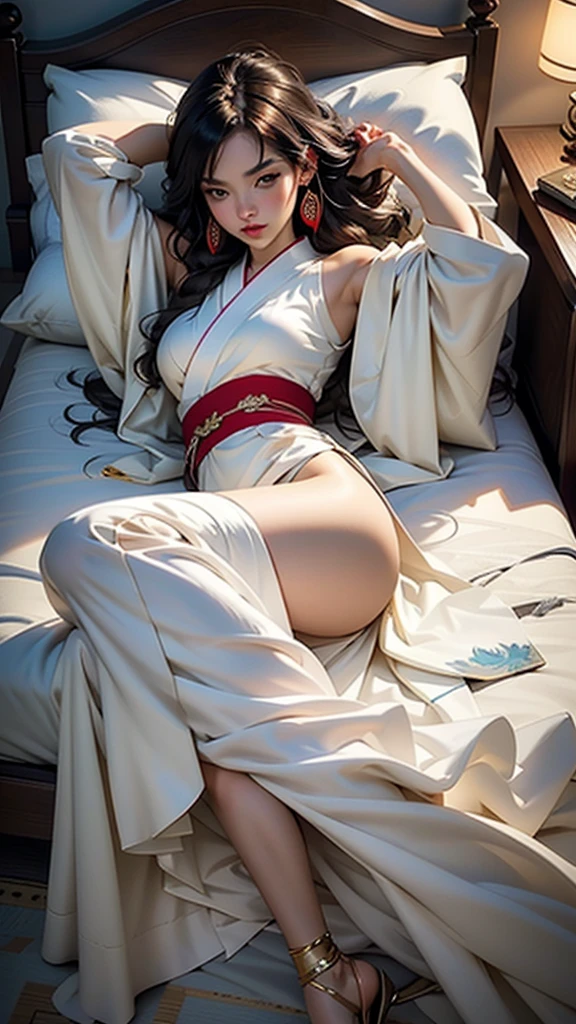 anime girl in a kimono lying on the bed with her head in her hands, a detailed painting by Yang J, trend on pixiv, Fantasy Art, Beautiful character painting, guweiz style artwork, beautiful and seductive anime woman, extremely detailed artistic germ, Hanfu blanco, Realistic anime style loose hair and long robes, beautiful anime woman
