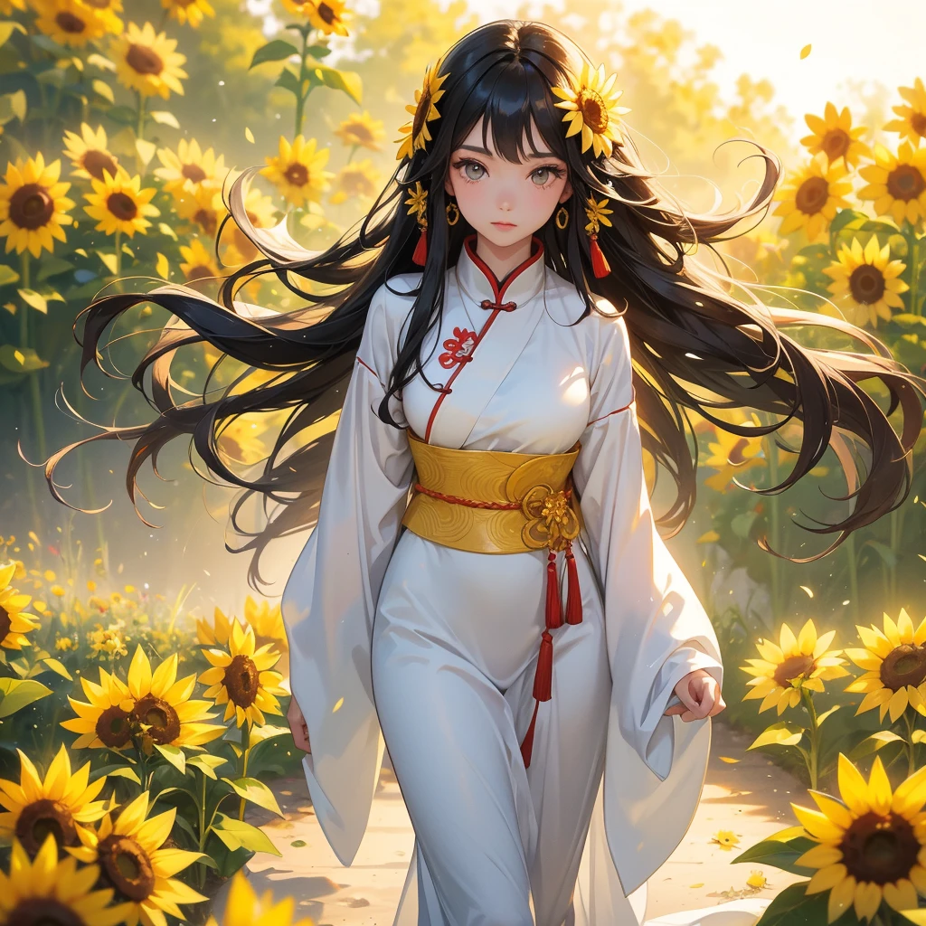 A beautiful girl with black long hair, wear white ancient chinese clothes, Walking Strolling among the sunflower fields Glowing yellow, with the sun shining on her face, close up.