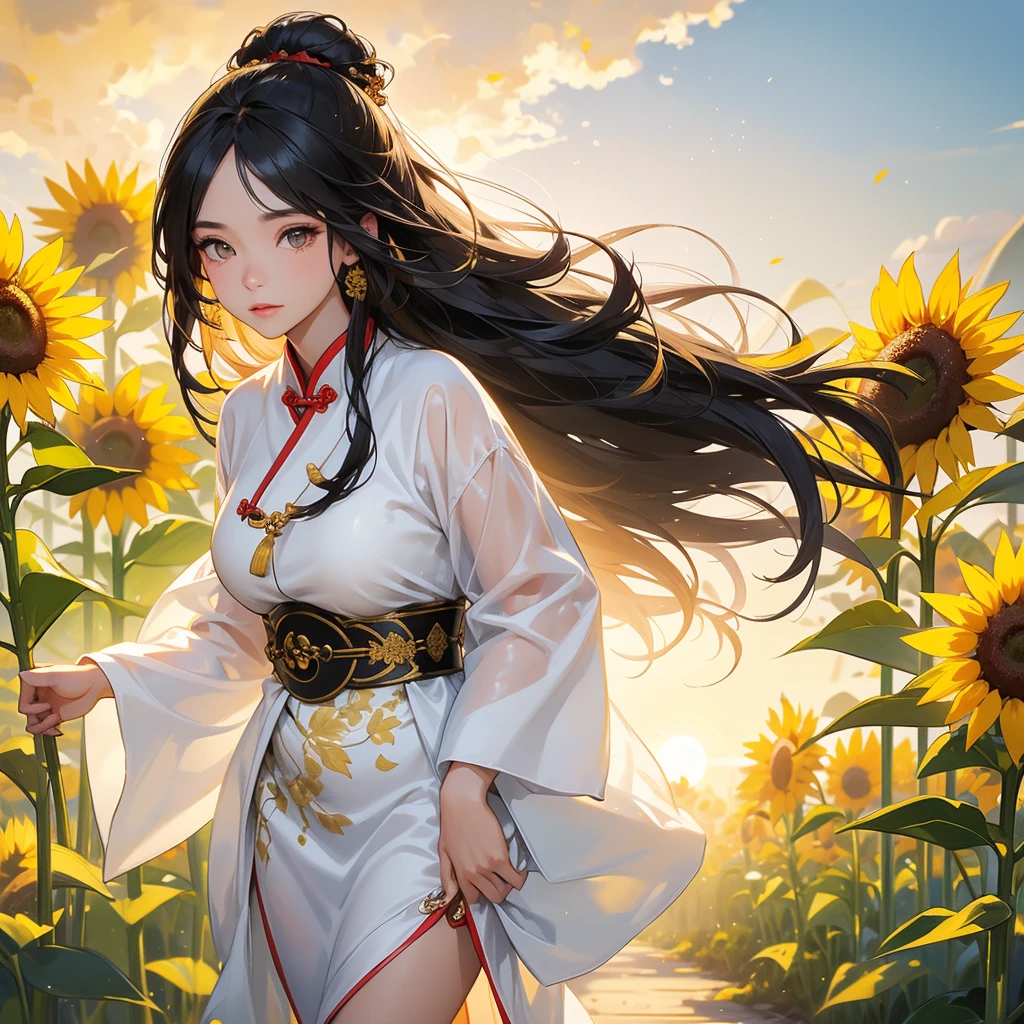 A beautiful girl with black long hair, wear white ancient chinese clothes, Walking Strolling among the sunflower fields Glowing yellow, with the sun shining on her face, close up.