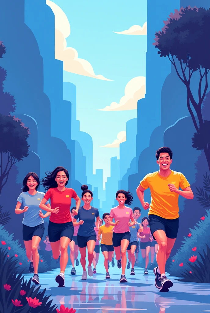 Create an illustration of people running for an event. Title of the backdrop is ‘mental health run’. Main colors are blue and purple. Save the middle space for logo. Asian people in the illustration. Make it a bit more cartoonish. Change the color of the shirt to more colorful.
Do not include the logo. The scenery change to abstracts. No trees and bushes.