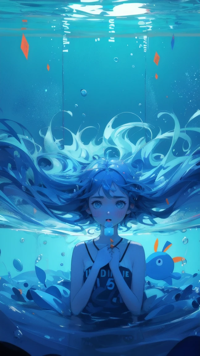 A humorous and exaggerated scene featuring a panicked young girl , with blue-themed colors dominating the image. The girl is trapped in a pool of liquid, with the words 'STUCK TRANSACTION' hanging above and below her. Surrounding the girl are several small, orange cartoonish creatures, each displaying expressions of shock and surprise as they emerge from the liquid in a chaotic manner. The overall atmosphere is playful and vibrant, with a light-hearted take on the concept of a stalled or stuck transaction in a digital or financial context, using a cool blue color palette