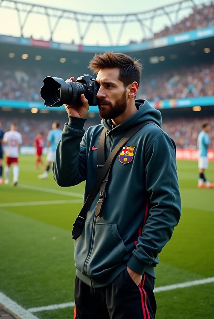 Messi as a photographer in a football ground with a camera