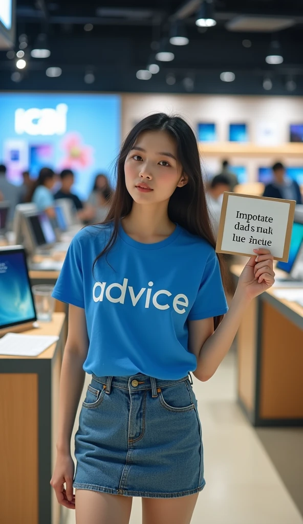 A beautiful Thai girl wearing a blue T-shirt with the words printed on it "ADVICE", Wear a short jean skirt, (((Standing holding a sign "YOU ARE BUSY"))) In a tablet computer store
