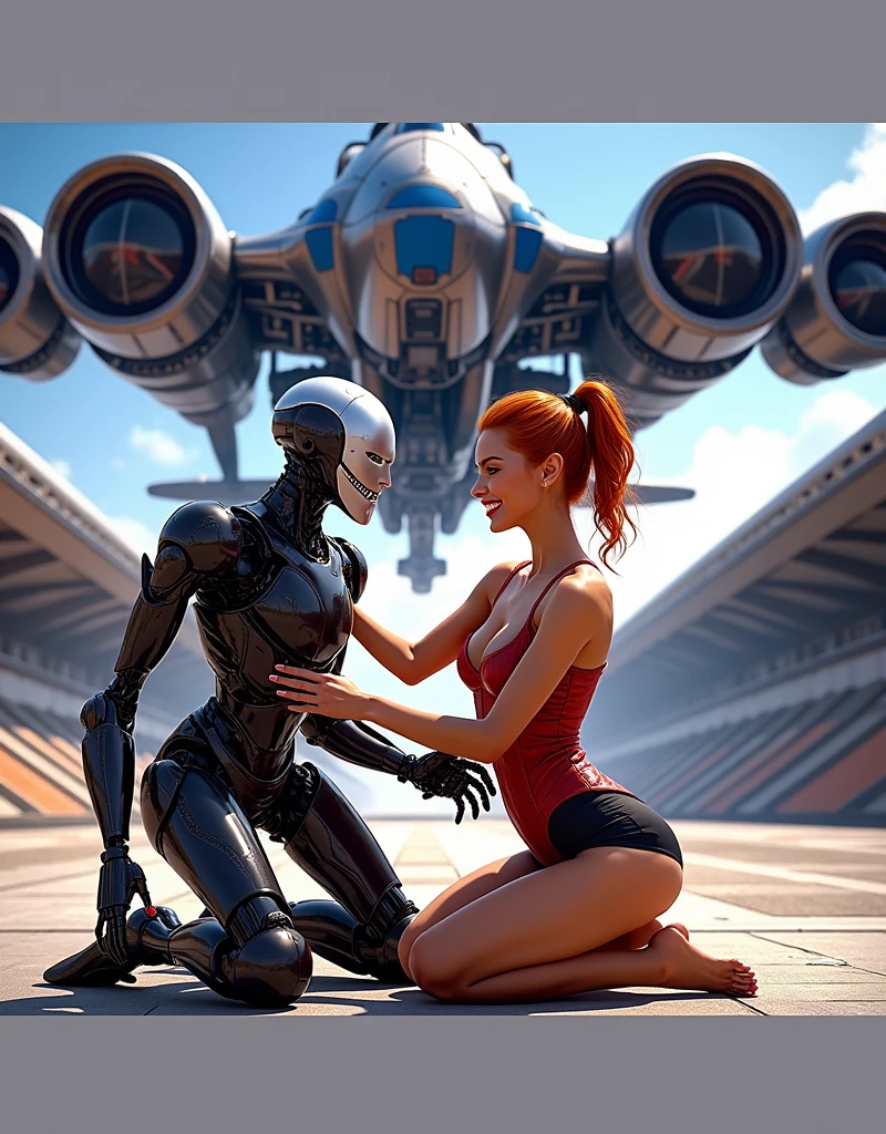 front angle wide view perspective of a modern and futuristic space port where a young woman with a beautiful high detailed face red lips green eyes and a smile on her face, she has an hourglass body with a slim waist and striking features. she has big boobs, beautiful flawless light fair shin, dressed in a red leather tight fitting corset and tight-fitting black leather daisy duke shorts, is kneeling on the ground in front of a robot repairing it. The robot, adorned with a black belt, is positioned to the right of the woman. The woman's hair is bright red full body wavy long hair pulled back in a to a ponytail, adding a pop of color to the scene. the background a large spaceship is silver and blue spaceship is landing in the space port background setting the spaceship is detailed hovering in the air behind and above the woman, its wings glistening with glowing from the sun light. The scene is set against a backdrop of a busy futuristic HighTech space port and clear blue sky., retina, masterpiece, accurate, anatomically correct, textured skin, super detail, best quality, award winning, high res, 16k