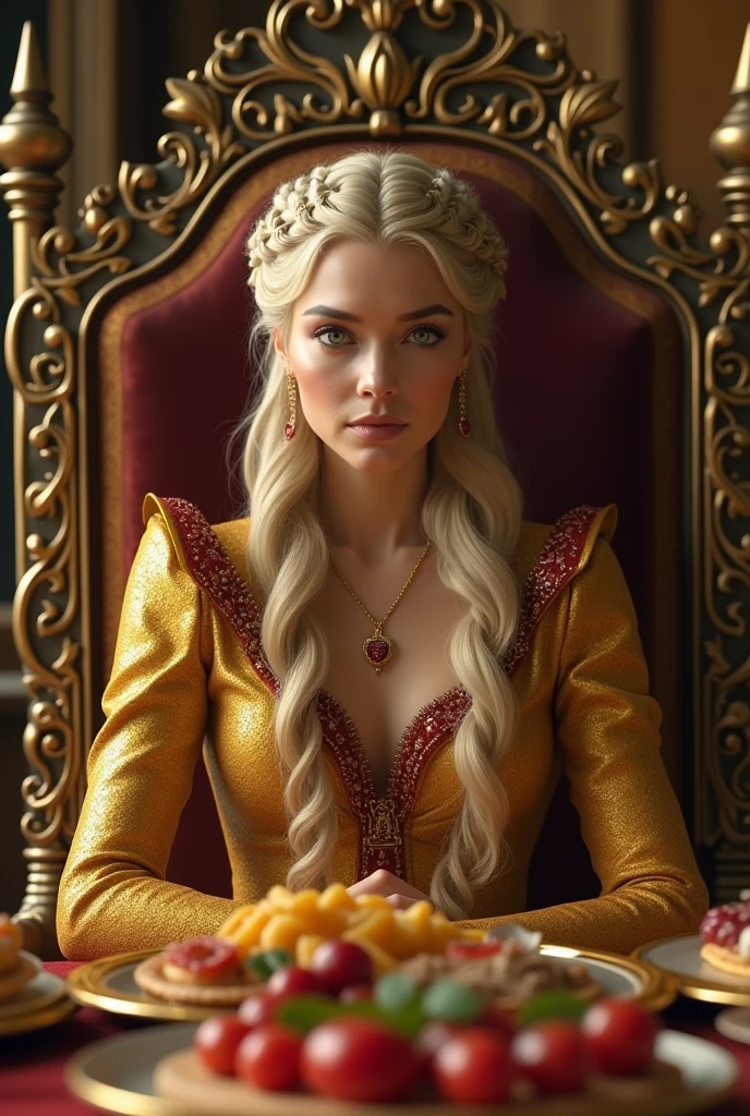 Danaerys Targaryen, red, on the throne, black dress, dragon throne room, powerful, jenna coleman, [purple eyes], tricia helfer, barbara palvin, lindsay ellingson, (black iron necklace), (iron bangle, iron crown)
