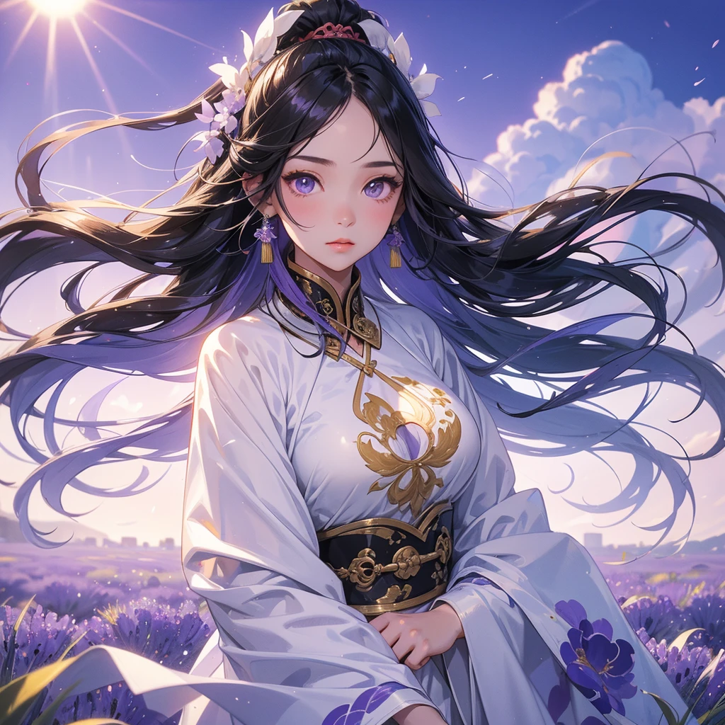 A beautiful girl with black long hair, wear white ancient chinese clothes, Stroll among the purple lavender fields , There are some floating clouds,, with the sun shining on her face, close up.