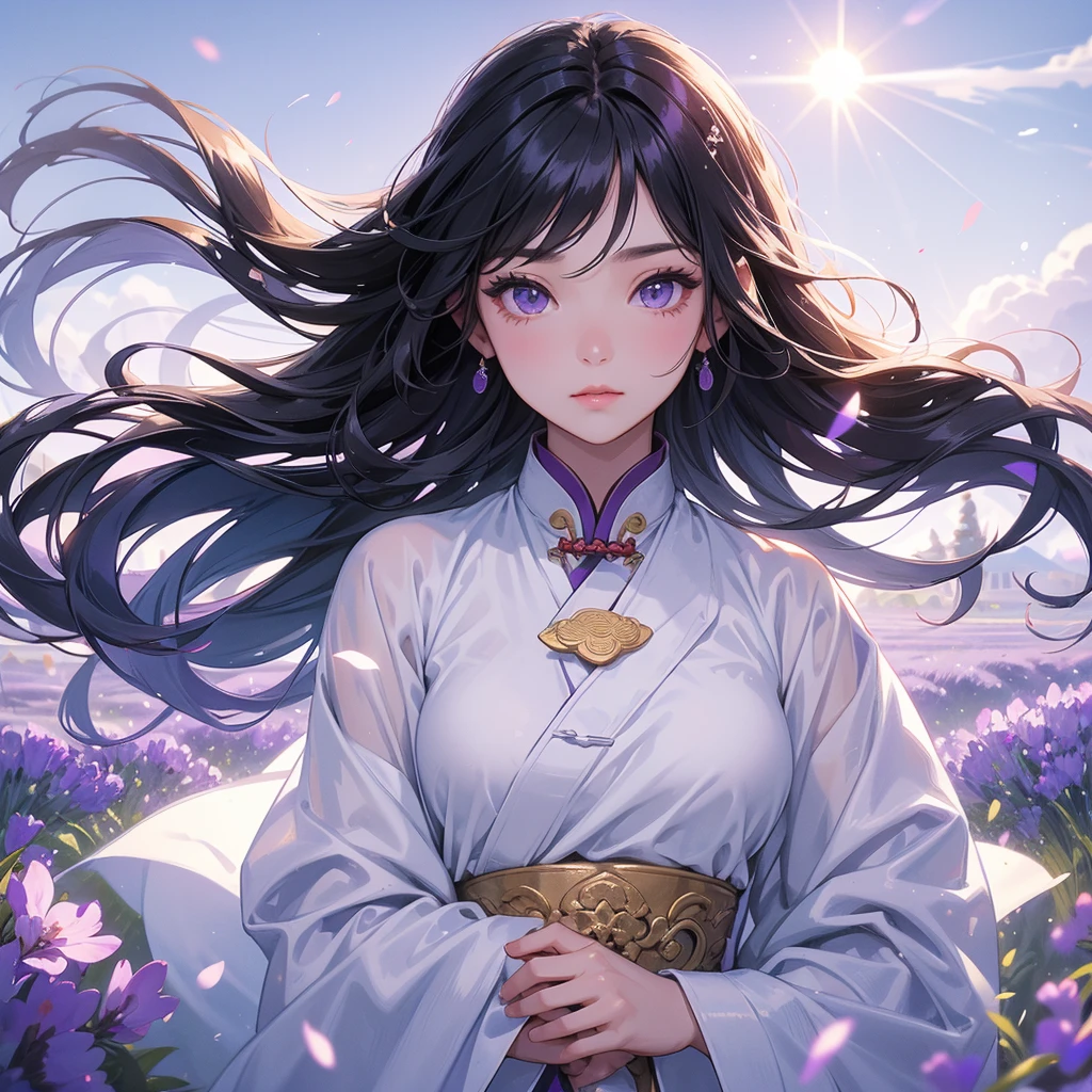 A beautiful girl with black long hair, wear white ancient chinese clothes, Stroll among the purple lavender fields , There are some floating clouds,, with the sun shining on her face, close up.