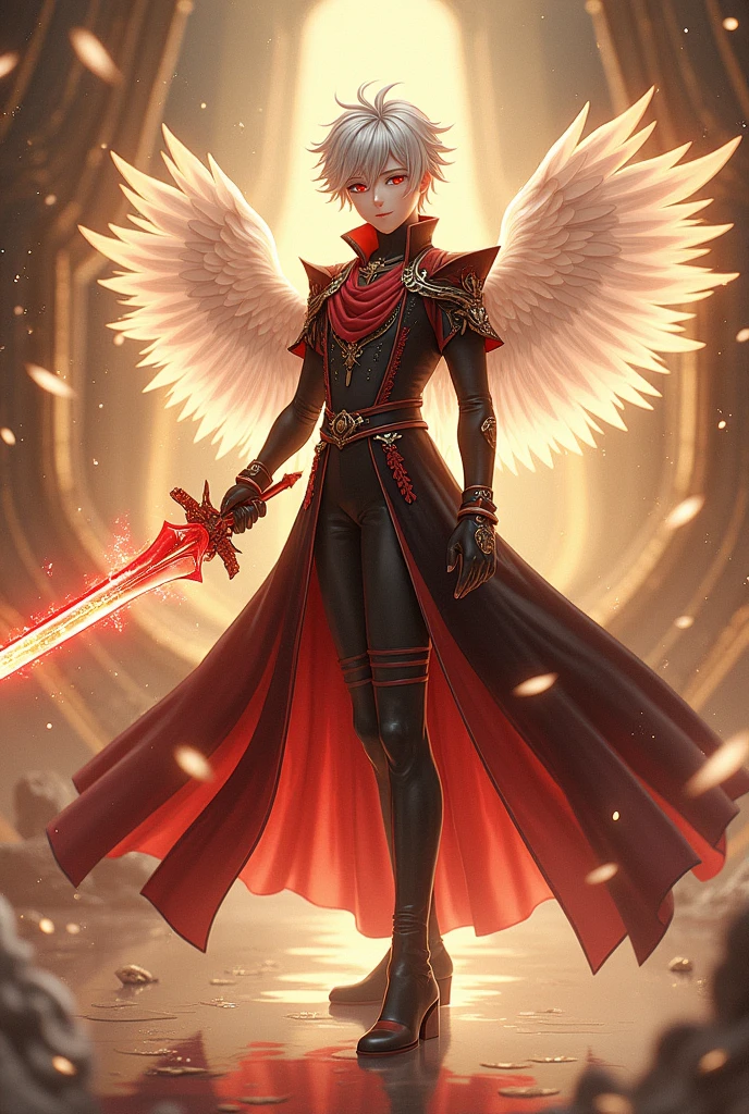 A realistic angel god anime boy wearing a beautiful red black and white dress.
His hair colour is white and black mixed
This pic is looking from some distance
And he has angel wings and his eye colour is red and the number of the wings is 4
he has angels sword in her hand and he is standing with his sowrd in his hand . The sword has magical power . With a beautiful background.
And the picture has some golden colour effect.
And lastly he has wearing his God dress
