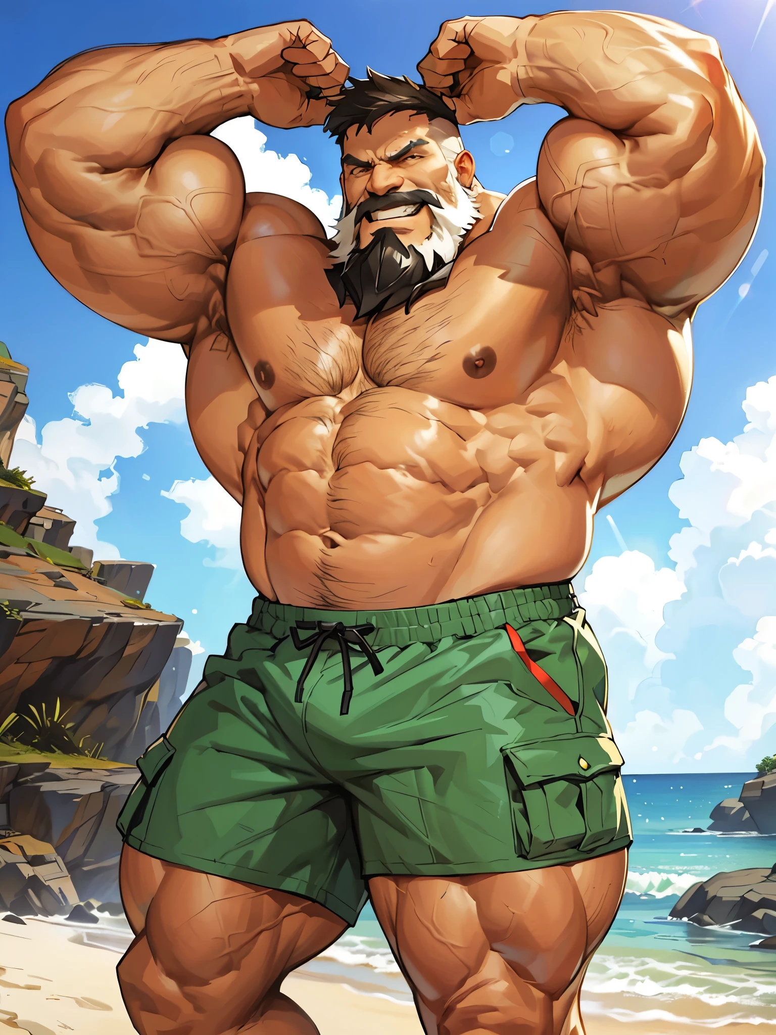 1boy, 1man, solo, gigantic, hyper detailed, (topless, shirtless, shorts cargo), well-muscled old man, bearded. ((extremely huge muscular, massive muscular, extremely muscle size, super thick arms, huge pec, hyper pec, bigger chest, extremely wide pectoral , huge arms)), wide smiling. Add textures and details to make the image more realistic, such as the appearance of the. Make sure the resulting image is high resolution, 8K quality